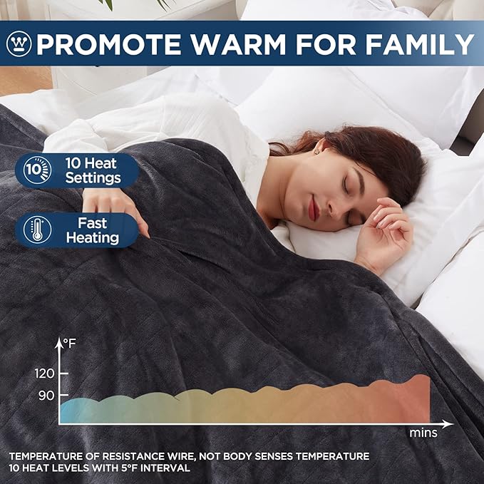 Westinghouse Electric Blanket Twin Size, Super Cozy Soft Flannel 62"" x 84"" Heated Blanket with 10 Fast Heating Levels & 1-12 Auto-Off, Machine Washable, ETL&FCC Certification, Charcoal