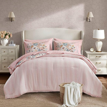 Madison Park Essentials Floral Comforter Set Cal King Size, Vintage Flower Bedding Set with Sheet Set, 7 Pieces Bed in a Bag with Reversible Botanical Comforter and Pillowcases & Shams, Heather, Pink