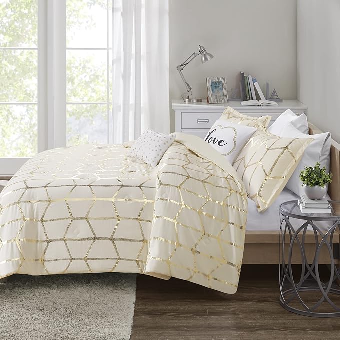 Intelligent Design Raina King/Cal King Comforter Set, Soft Microfiber, Modern Geometric Metallic Bed Set, 5 Pieces College Bedding with 2 Shams, 2 Toss Pillows Ivory/Gold