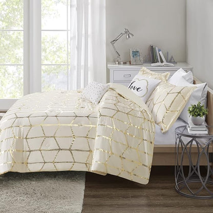 Intelligent Design Raina Full/Queen Comforter Set, Soft Microfiber, Modern Geometric Metallic Bed Set, 5 Pieces College Bedding with 2 Shams, 2 Toss Pillows Ivory/Gold