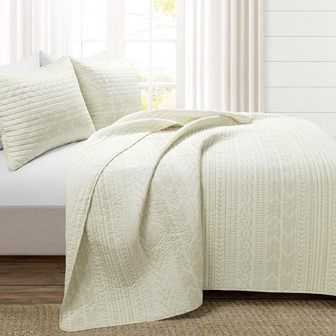 Lush Decor Hygge Geo Pattern Striped 3 Piece Quilt Bedding Set, Full/Queen, Ivory