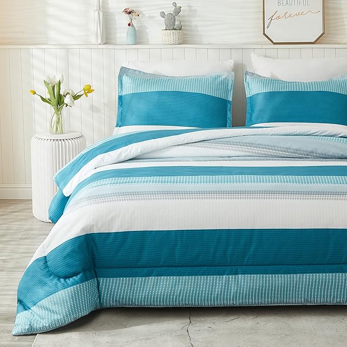 Litanika King Comforter Set White Teal - 3 Pieces Lightweight Fluffy Bedding Comforter Sets, All Season Down Alternative Comforter (1 Comforter, 2 Pillowcases)