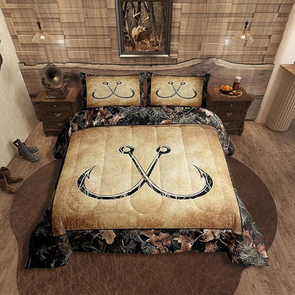 Erosebridal Camo Fish Hook Bedding Comforter Sets Twin Rustic Lake Fishing Bedding Set Gifts for Boys Men Fisherman Kids,Farmhouse Cabin Style Comforter Set Retro Country Quilt Duvet Set 2 Pcs