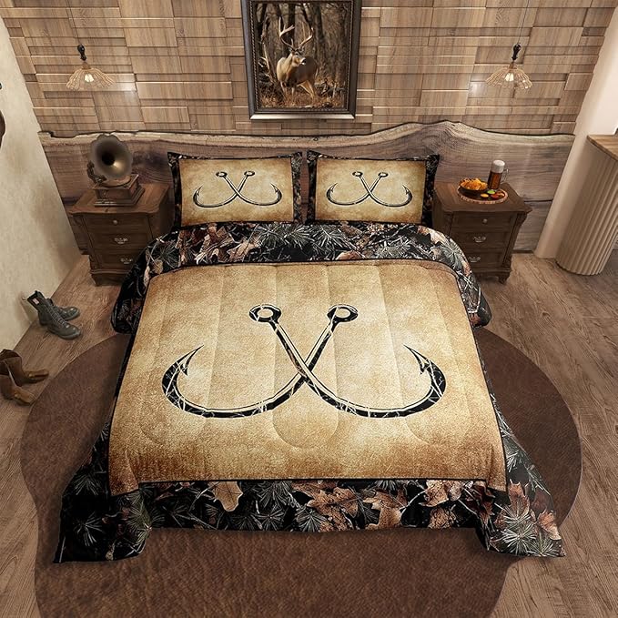 Erosebridal Camo Fish Hook Bedding Comforter Sets Full Rustic Lake Fishing Bedding Set Gifts for Boys Men Fisherman Kids,Farmhouse Cabin Style Comforter Set Retro Country Quilt Duvet Set 3 Pcs