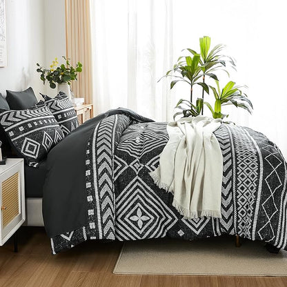 Yiran Black Comforter Set Full Size, Boho Aztec Comforter Bedding Set, 7 Piece Bohemian Summer Bed in a Bag, Soft Microfiber Striped Complete Bedding Set with Sheets for All Season