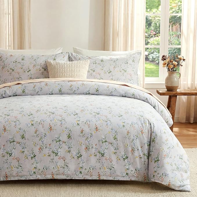 Floral Comforter Queen Size 100% Cotton Bedding Set Green Flowers Cotton Comforter Sets 3 Pcs Reversible Lightweight Soft Bedding Sets for All Seasons