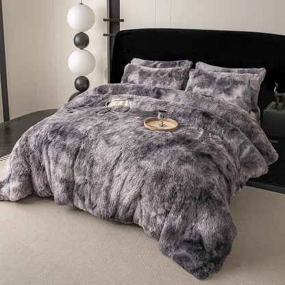 chovy Faux Fur Tie-Dyed Black Gray White Colorful Comforter Sets King - 3PC Bed Set Ultra Soft Plush Flannel Velvet Fluffy Fuzzy Bedding（Comforter x 1 Pillowcases x 2）