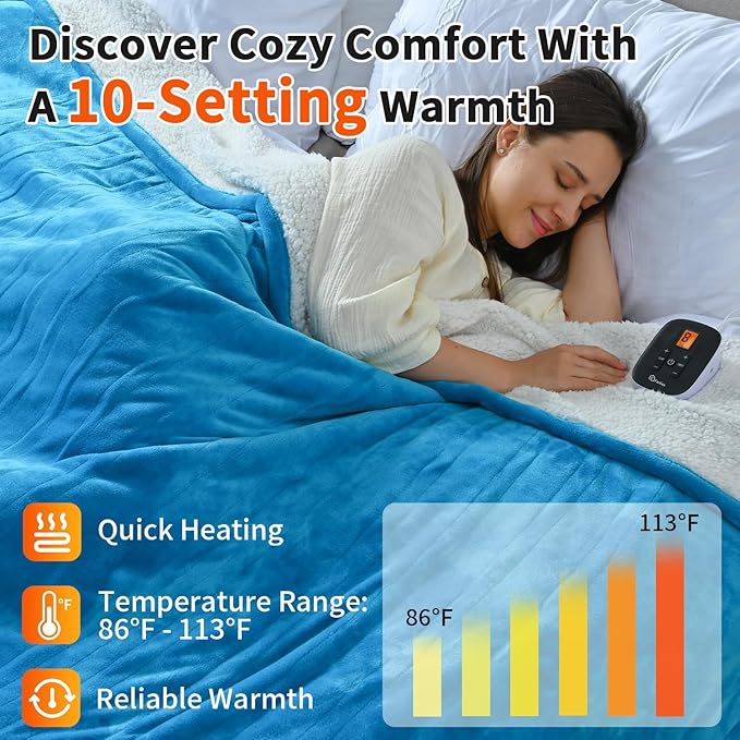 Heated Electric Blankets - Soft Flannel Heating Throw Electric Blanket with 6 Heat Settings Full Size 77" × 84" Teal - Velvet & Sherpa