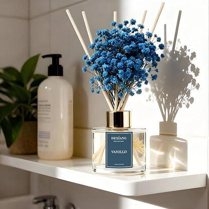 Reed Diffuser Set - 3.38 fl oz Vanilla Premium Scented Oil with Preserved Baby's Breath & Cotton 6 Sticks | Long-Lasting Aromatherapy for Home, Bedroom, Bathroom, Office Home Decor