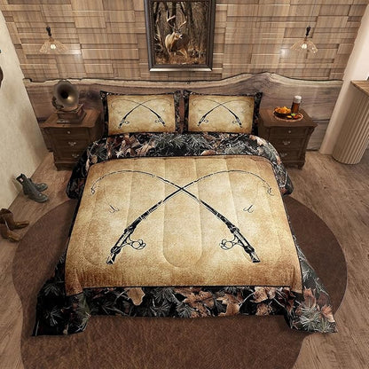 Erosebridal Rustic Fishing Twin Comforter Set Gifts for Kids Boys Men Women,Retro Camo Fishing Rod Bedding Set Country Farmhouse Lake Cabin Quilt Bedding Sets Tree Branch Camouflage Bed Set 2 Pcs