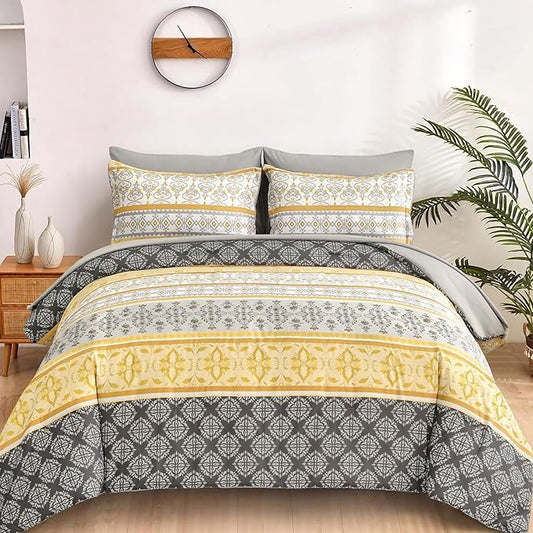 WONGS BEDDING Boho Comforter Set Queen Size,7 Pieces Bed in a Bag Bohemian Striped Bedding Set,Yellow Paisley Floral Comfortet and Sheet Set,Soft Microfiber Bedding Sets for All Season
