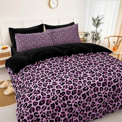 Leopard Print Comforter King Black and Purple Bedding Sets 8 Pcs Purple Cheetah Animal Print Texture Wild Leopard Bed in A Bag with Comforter and Sheet Set