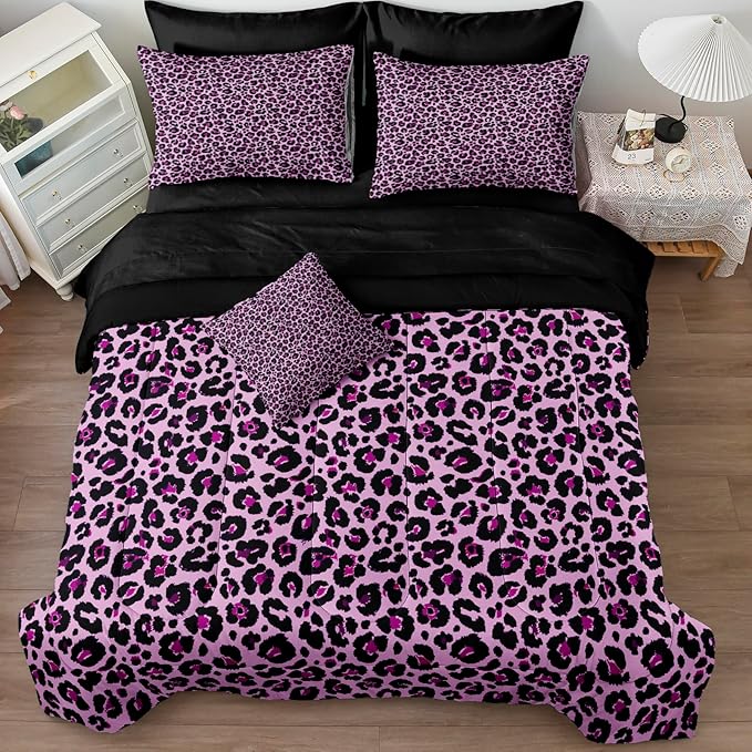 Leopard Print Comforter Queen Black and Purple Bedding Sets 8 Pcs Purple Cheetah Animal Print Texture Wild Leopard Bed in A Bag with Comforter and Sheet Set