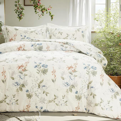 Floral Comforter Set Queen Size 100% Cotton Comforter Green Floral Bedding Comforter Set 3pcs Ultra Soft and Easy Care Reversible Lightweight Bedding Sets