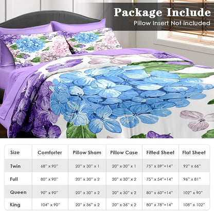 Comforter Set King Size, Hydrangea Flower Leaves 7 Pcs Bedding for Kids and Adults, Floral Purple Summer Bed Sheet Sets with Fitted Sheet 2 Pillowcases & 2 Shams for Bedroom Bed Decor