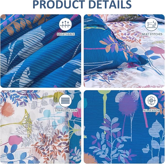 Anibedding 7Pieces Queen Comforter Set, Blue Botanical Bed in a Bag Complete Set with Sheet Pillowcase for Bedroom All Season