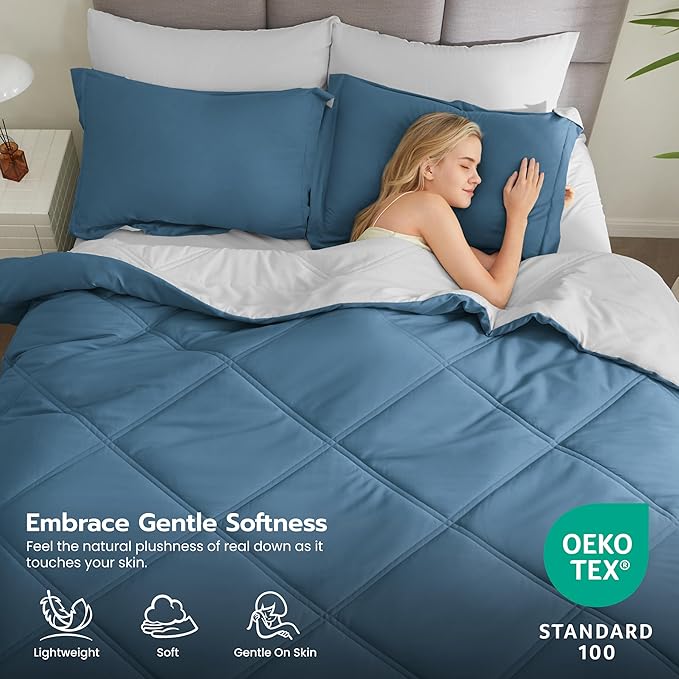 JOIEDOMI King Size Comforter Set with Sheets Blue, 7 Pieces King Bedding Set with 1 Down Alternative Comforter, 1 Flat Sheet, 1 Fitted Sheet, 2 Pillowcases and 2 Pillow Shams, Bed in a Bag All Seasons