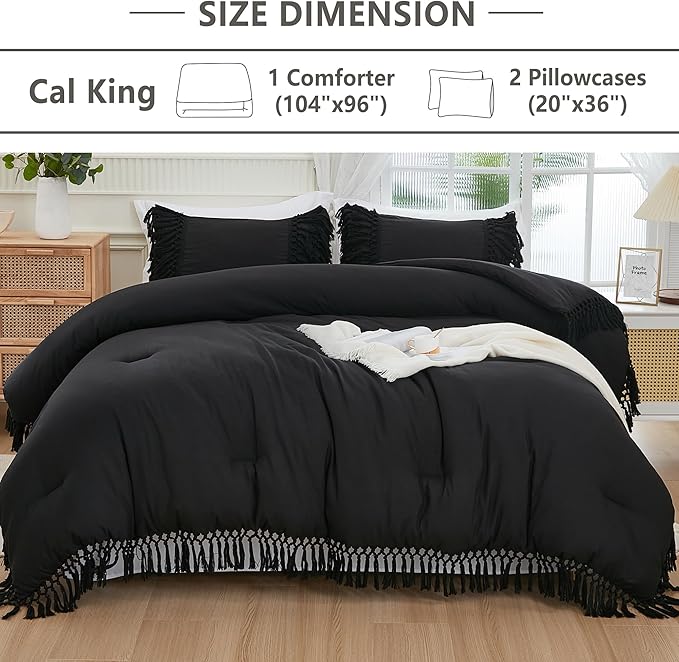 Andency Black Comforter Set California King, 3 Pieces Boho Tassel Lightweight Soft Bedding Comforter Sets for King Bed, All Season Fluffy Fringe Bed Set (104x96In Comforter & 2 Pillowcases)