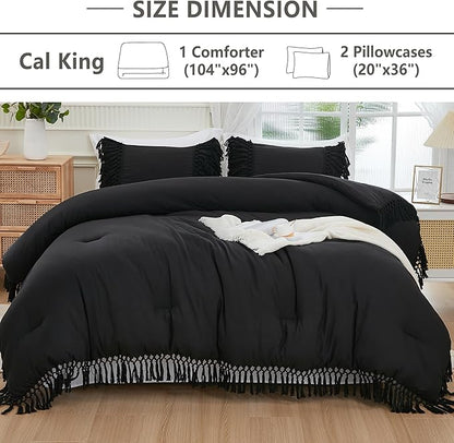 Andency Black Comforter Set California King, 3 Pieces Boho Tassel Lightweight Soft Bedding Comforter Sets for King Bed, All Season Fluffy Fringe Bed Set (104x96In Comforter & 2 Pillowcases)