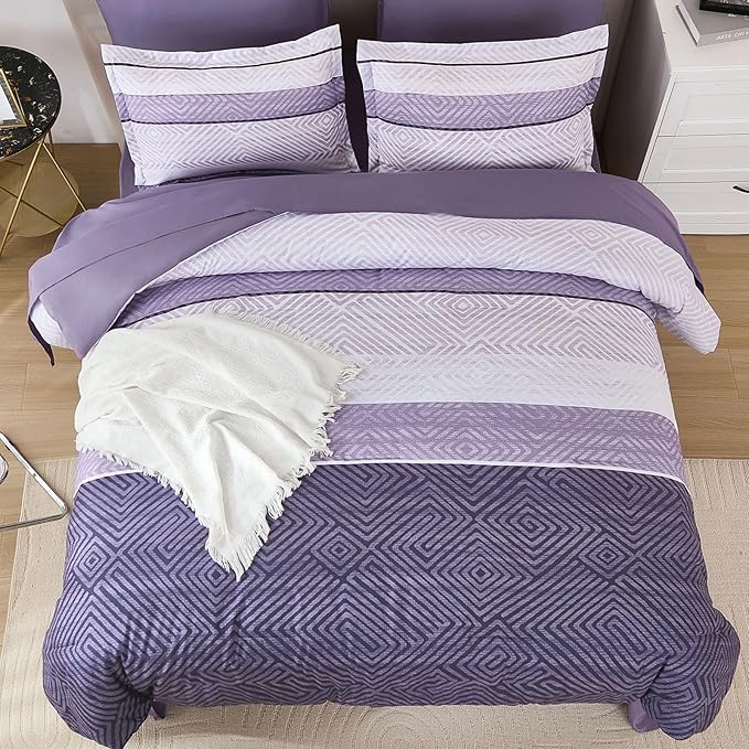Drucon Purple Comforter Set King Size 7 Piece Bed in a Bag, Boho Striped Bedding Set, Soft Microfiber Comforter and Sheet Set for All Season (King, 104"x90")