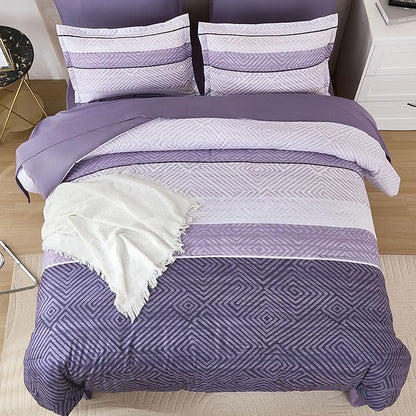Drucon Purple Comforter Set King Size 7 Piece Bed in a Bag, Boho Striped Bedding Set, Soft Microfiber Comforter and Sheet Set for All Season (King, 104"x90")
