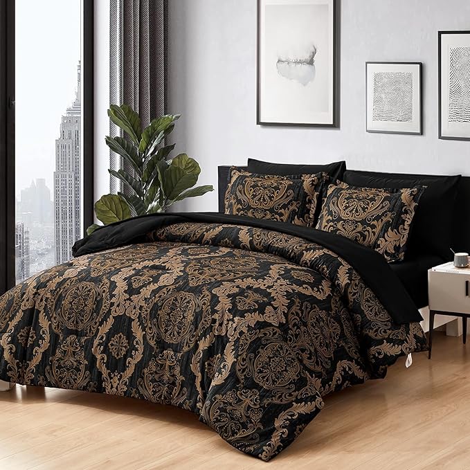 WONGS BEDDING Black Comforter Set California King Size, Gold Damask 7 Pieces Bed in a Bag Microfiber Comforter Bedding Sets -1 Comforter, 1 Flat Sheet, 1 Fitted Sheet, 2 Pillow Shams, 2 Pillowcases
