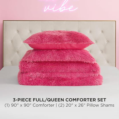 Juicy Couture Shaggy Faux Fur Hot Pink Full/Queen Comforter Set - Soft and Cozy 3-Piece Machine Washable Bedding Comforter and Sham Set