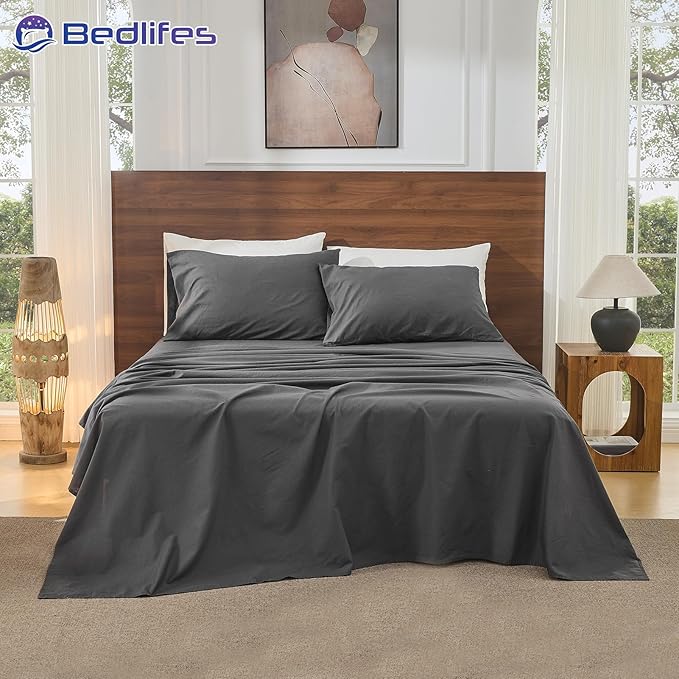 Bedlifes 100% French Pure Linen Sheets King Size Breathable and Cooling Flax Sheet Set Soft Durable and Moisture Wicking 16 Inch Deep Pocket-4 Piece(King,Dark Grey)