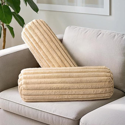AELS Faux Fur Striped Cylinder Pillows Set of 2, 8" x 24" Decorative Modern Bolster Pillows with Removable Washable Cover & Insert, Body Pillow for Couch Bed, Living Room Bedroom Nursery Decor, Sand