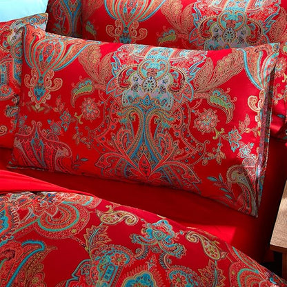 mixinni Red Paisley Comforter Sets King Size Bed Shabby Chic Print Comforter All Season 3 Pieces 1 Fluffy Soft Comforter with 2 Pillow Shams-King Size