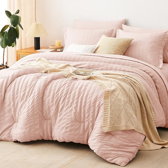 CozyLux Twin XL Comforter Set with Sheets Seersucker Blush Pink 5 Pieces Bed in a Bag, Twin Extra Long Luxury Bedding Sets for College Dorm with Down Alternative Comforter, Sheets, Pillowcases & Shams