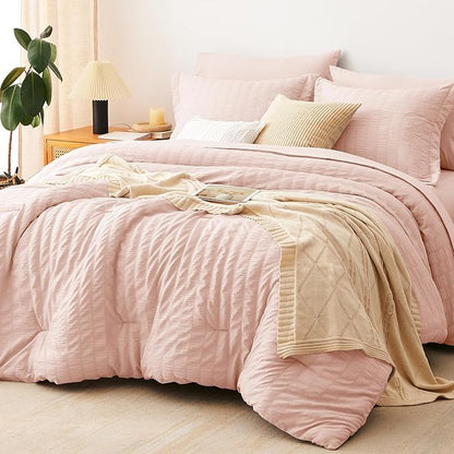 CozyLux King Size Comforter Set Blush Pink Seersucker 7 Pieces Bed in a Bag King Comforter Set with Sheets, Luxury Bedding Set with Down Alternative Comforter, Sheets, Pillowcases & Shams All Seasons