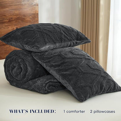 PHF Warm Sherpa Fleece Queen Comforter Set, 3D Tufted Fluffy Dark Grey Bedding for Winter, Soft 3 Pieces Shaggy Bed Set, 1 Comforter (90"x90") and 2 Pillowcases (20"x26")