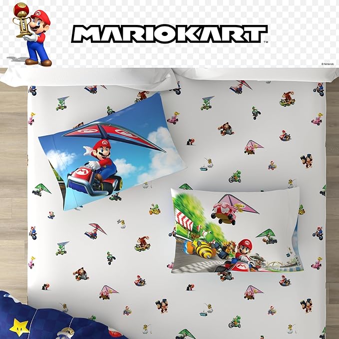 Super Mario Kart Game Kids Bedding Set, Full Size, 5-Piece Super Soft Cozy Reversible Comforter & Sheet Set (Officially Licensed Product) by Franco | Durable, Reversible, Officially Licensed