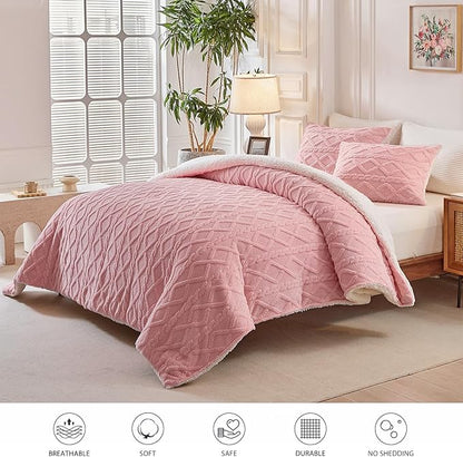 Joyreap 3-Piece Fluffy Faux Fur Sherpa Comforter Set Pink, King Size Luxury Tufted Bedding Comforter Set, All Season Soft n Cozy Plush Comforter Bed Set- 100x88 inches