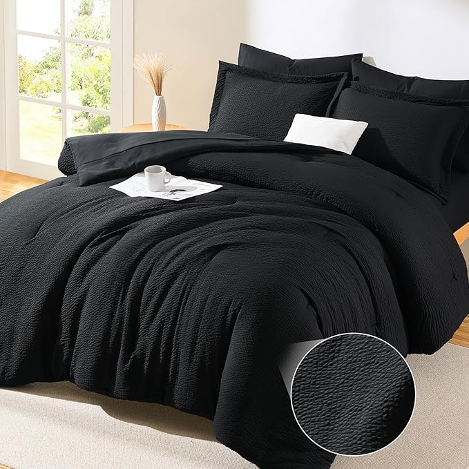 CozyLux King Size Comforter Set Black - 7 Pieces Striped Seersucker Bed in a Bag, Soft Lightweight Boho Bedding Set with All Season Comforters King Size, Sheets, Pillowcases & Shams