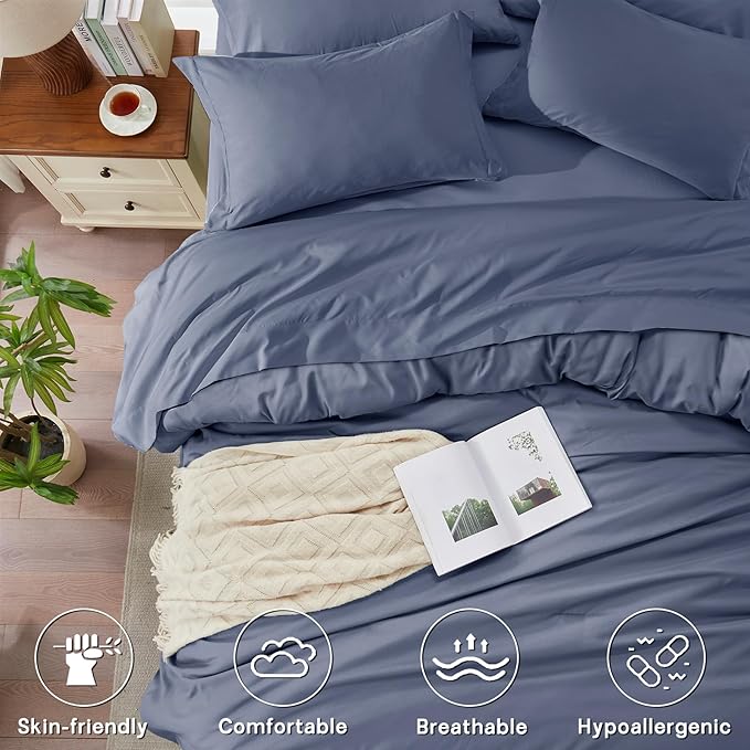 Anluoer Grayish Blue California King Comforter Set 7 Pieces, Bed in a Bag with Sheets, All Season Bedding Sets with 1 Comforter, 2 Pillow Shams, 2 Pillowcases, 1 Flat Sheet, 1 Fitted Sheet