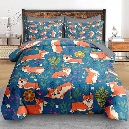Comforter Set Queen Size, Cute Dog Corgi 7 Pcs Bedding for Kids and Adults, Flower Funny Grey Bed Sheet Sets with Fitted Sheet 2 Pillowcases & 2 Shams for Bedroom Bed Decor