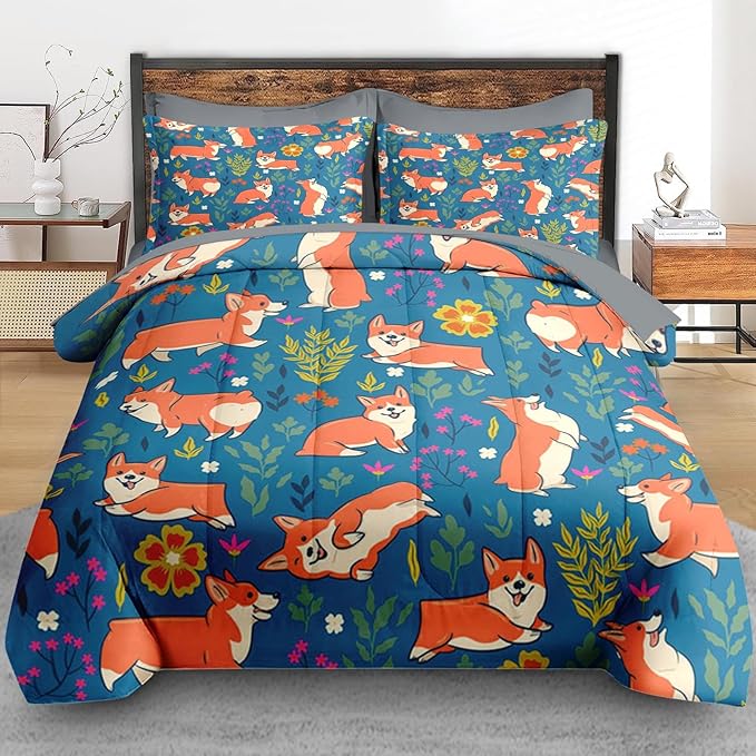 Comforter Set Full Size, Cute Dog Corgi 7 Pcs Bedding for Kids and Adults, Flower Funny Grey Bed Sheet Sets with Fitted Sheet 2 Pillowcases & 2 Shams for Bedroom Bed Decor