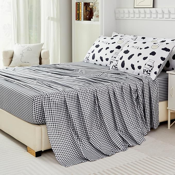 SUCSES Full Size Comforter Set with Sheets 8 Piece Cow Print Bedding Set for Boys Girls Black and White Kids Bed-in-A-Bag Farmhouse Rustic Bed Set for Bedroom (Milk Cow, Full)