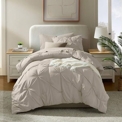 Nestl Twin Comforter Set 5 Piece - Pintuck Twin Bedding Sets Beige, College Dorm Room Essentials for Girls and Boys Bed in a Bag Twin All Season, Twin Comforter Set with Sheets, Pillowcase and Sham