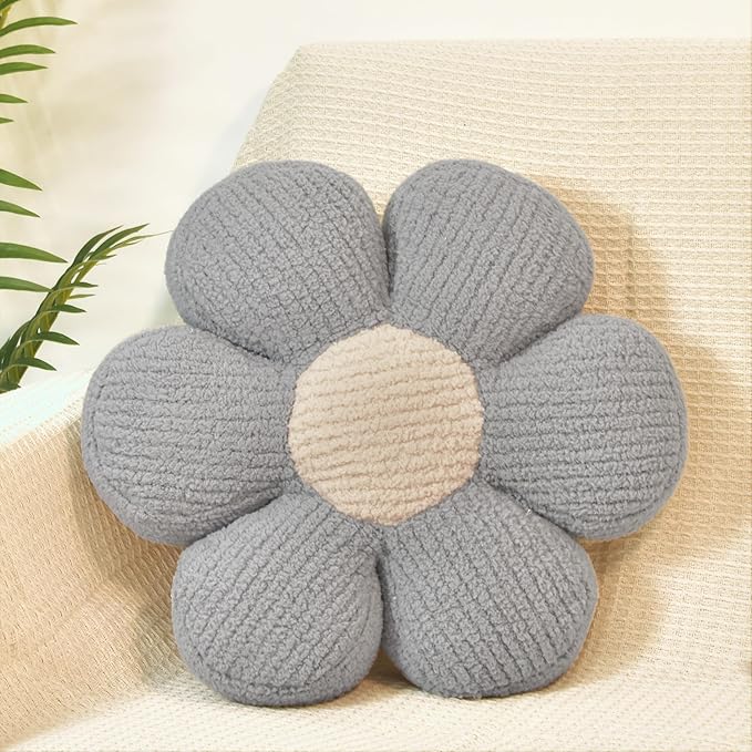 Gray Flower Pillow Decorative Preppy Throw Pillows 16" Cute Soft Floor Cushion for Couch Bed Chair Girls Room Bedroom Decor Aesthetic (1, Grey, 16 Inch)