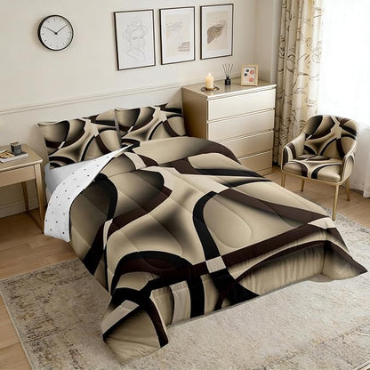 Castle Fairy Retro Circle Comforter Set Queen Size Brown Khaki Black Bedding Set for Kids Boys Girls Bedroom Decoration Stripe Line Art Bed Duvet Insert Geometric Modern Comforter with 2 Pillowcase