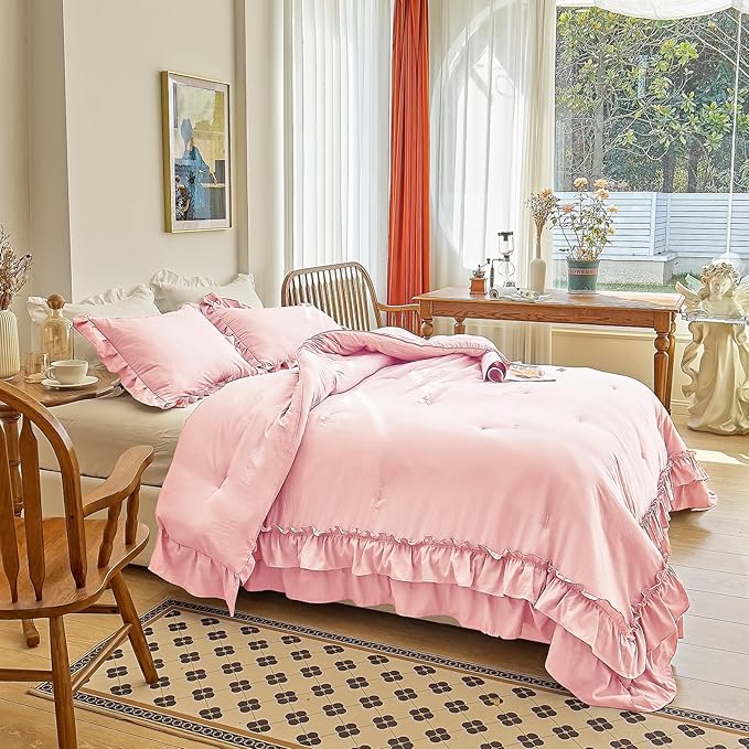 AIKASY Peach Pink Ruffle Comforter Twin, 3 Pieces Vintage Ruffle Fringe Comforter, Farmhouse Rustic Microfiber Down Alternative Bedding Comforter Set (1 Comforter + 2 Pillow Shams)
