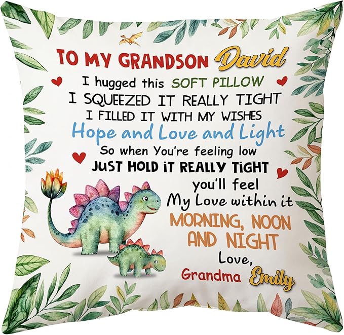 Hyturtle Personalized Grandson Pillow (Insert Included) Gifts from Grandma - Birthday Graduation for Grandson - Dinosaur Custom Name Sofa Couch Cushion Home Decor Pillow