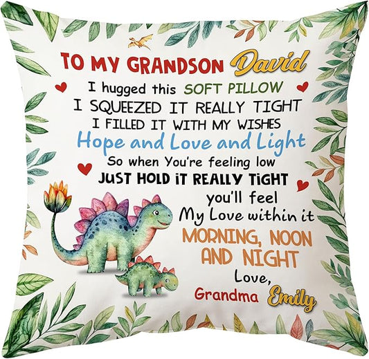 Hyturtle Personalized Grandson Pillow (Insert Included) Gifts from Grandma - Birthday Graduation for Grandson - Dinosaur Custom Name Sofa Couch Cushion Home Decor Pillow