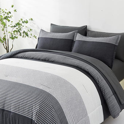 7 Pieces Bed in a Bag Black Grey Queen Size Comforter Set, Lightweight Striped Microfiber Bedding Comforter Sets for Queen Bed (1 Comforter, 2 Pillowcase, 2 Pillow Shams,1 Flat Sheet, 1 Fitted Sheet)