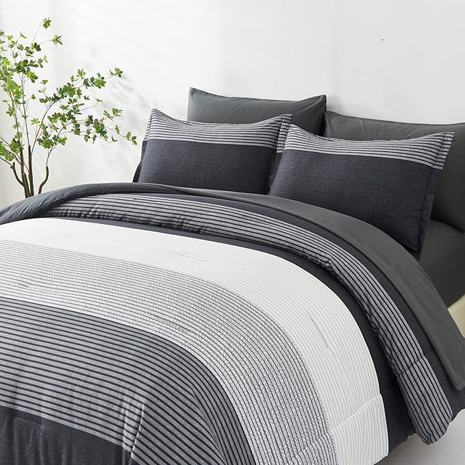7 Pieces Black Grey Striped Comforter King Size - Lightweight Bed in a Bag Bedding Comforters Set, All Season Microfiber Complete Bedding Set with Flat/Fitted Sheet, Pillowcases and Pillow Shams