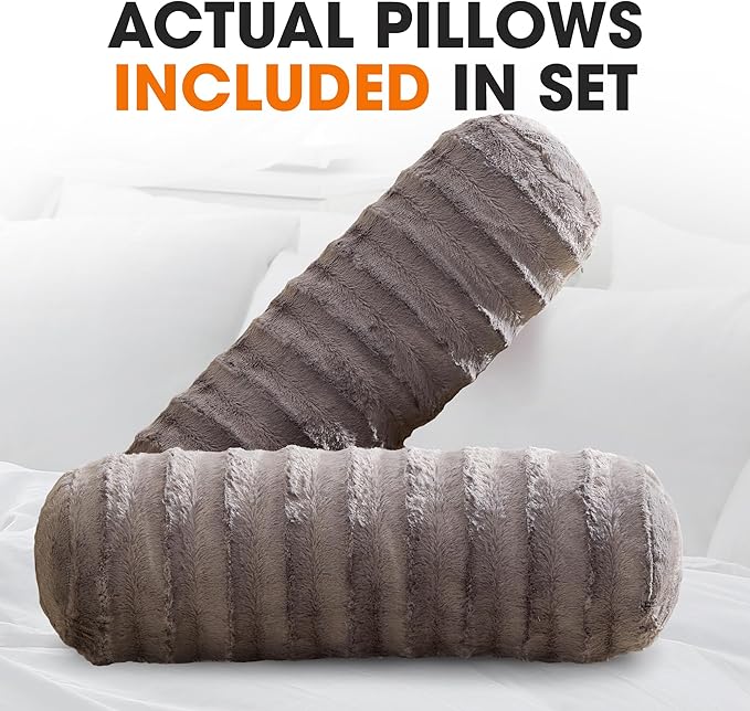 Cheer Collection Faux Fur Bolster Pillows – Soft Decorative Cylinder Pillows for Bed or Couch, Machine Washable – 8” x 24”, Set of 2, Gray