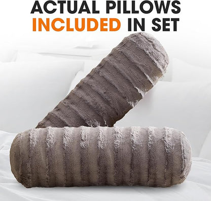 Cheer Collection Faux Fur Bolster Pillows – Soft Decorative Cylinder Pillows for Bed or Couch, Machine Washable – 8” x 24”, Set of 2, Gray